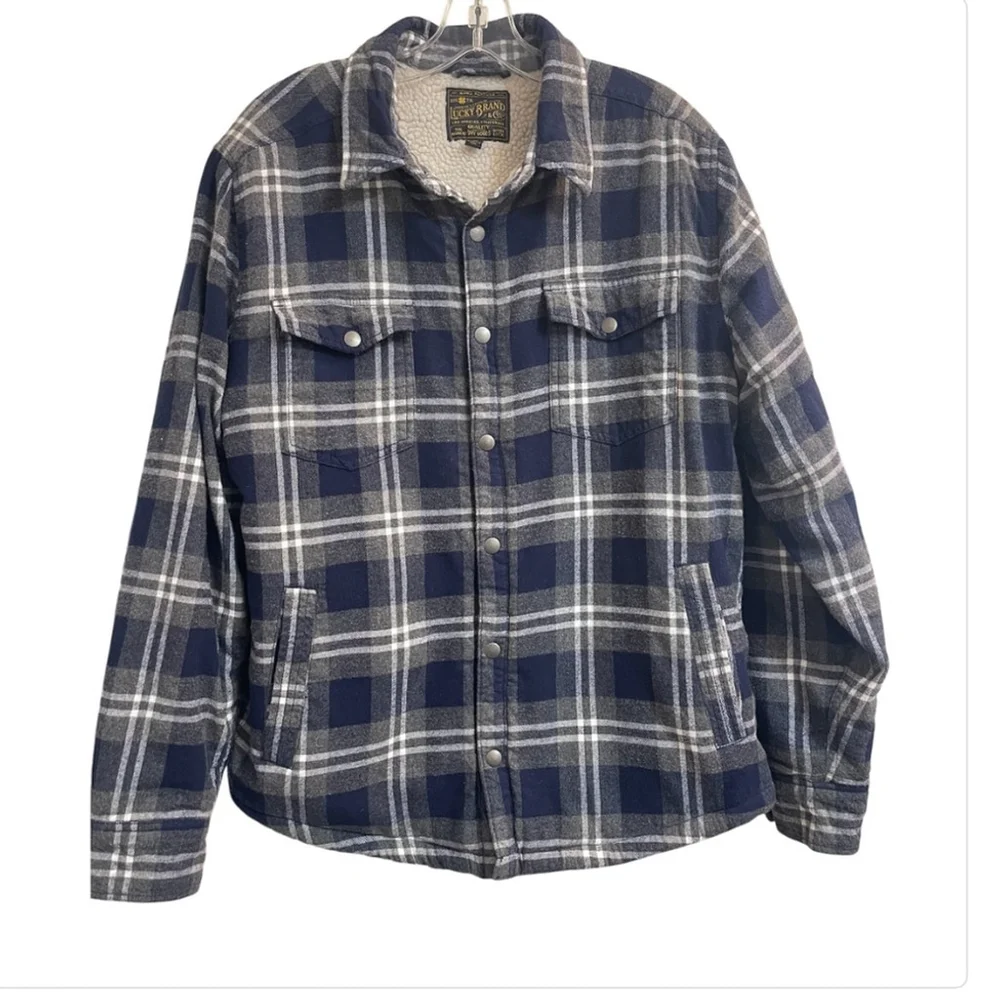Lucky Brand Sherpa-Lined Plaid Flannel Jacket - Blue and Gray, Size Men’s Large - Picture 2 of 15
